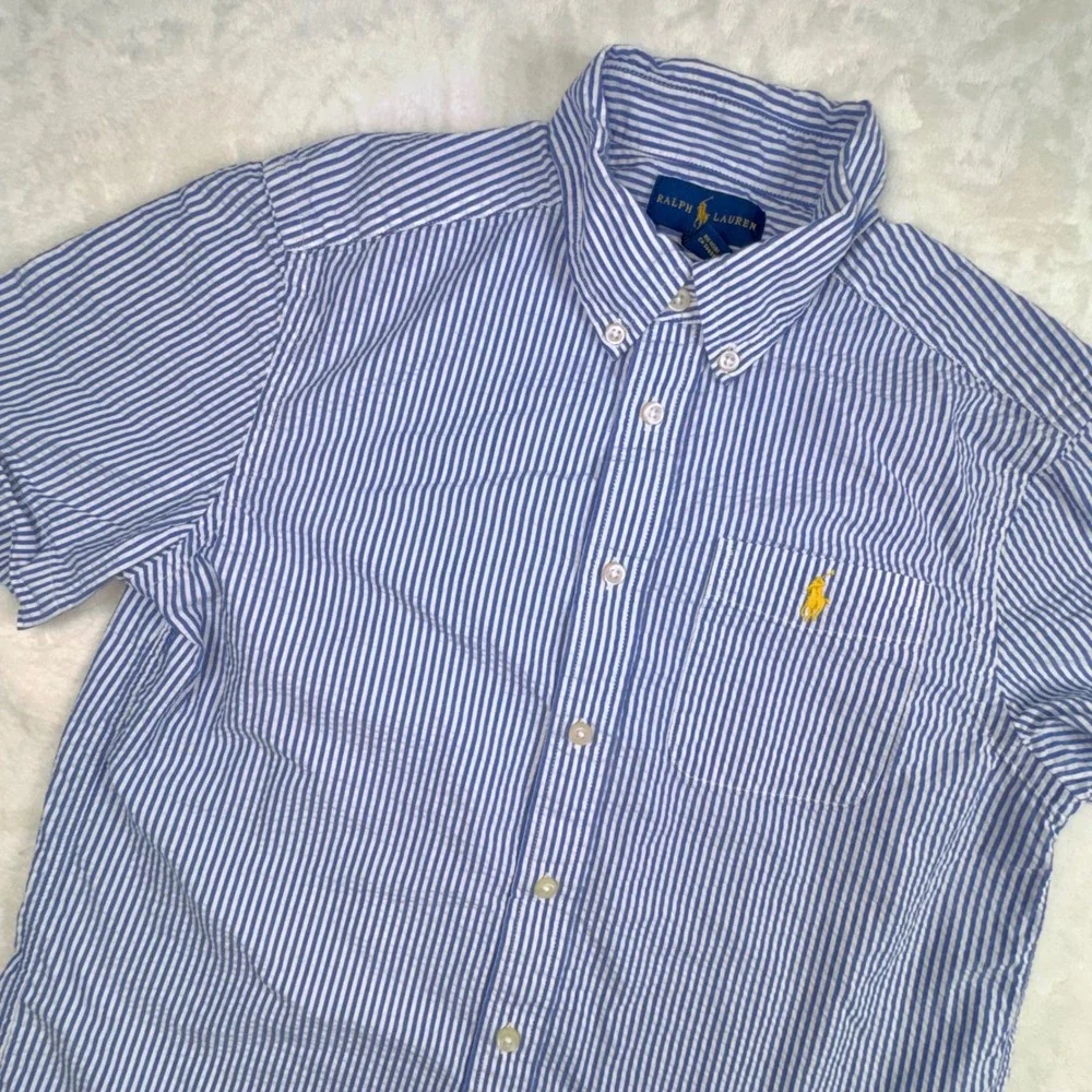 Ralph Lauren Button Down Shirt Boys M 10-12 Blue White Striped Seersucker Pony